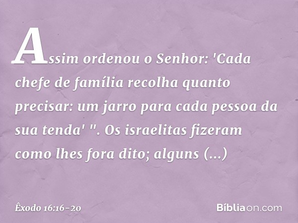 Assim ordenou o Senhor: 'Cada chefe de família recolha quanto precisar: um jarro para cada pessoa da sua tenda' ". Os israelitas fizeram como lhes fora dito; al