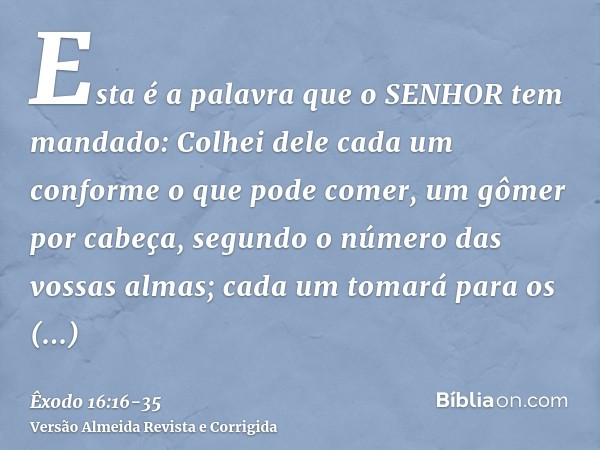 Esta é a palavra que o SENHOR tem mandado: Colhei dele cada um conforme o que pode comer, um gômer por cabeça, segundo o número das vossas almas; cada um tomará