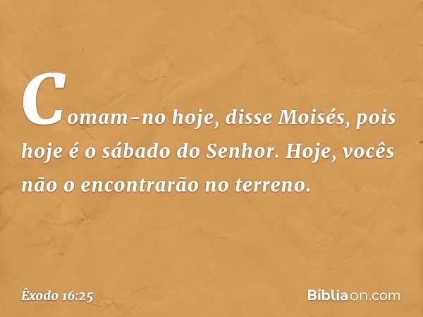 "Comam-no hoje", disse Moisés, "pois hoje é o sábado do Senhor. Hoje, vocês não o encontrarão no ter­reno. -- Êxodo 16:25