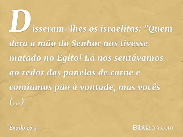 Disseram-lhes os israeli­tas: "Quem dera a mão do Senhor nos tivesse matado no Egito! Lá nos sentávamos ao redor das panelas de carne e comíamos pão à vontade, 