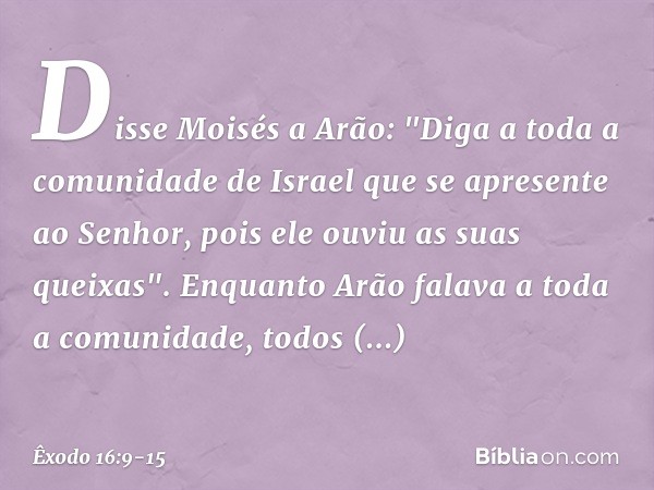 Disse Moisés a Arão: "Diga a toda a comunidade de Israel que se apresente ao Senhor, pois ele ouviu as suas queixas". Enquanto Arão falava a toda a comuni­dade,