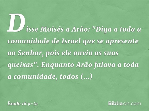 Disse Moisés a Arão: "Diga a toda a comunidade de Israel que se apresente ao Senhor, pois ele ouviu as suas queixas". Enquanto Arão falava a toda a comuni­dade,