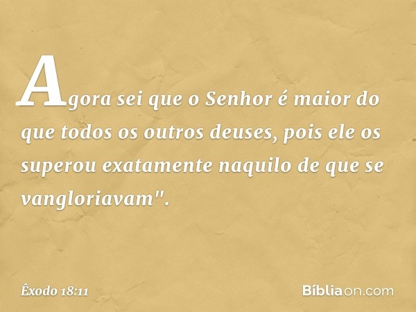 Agora sei que o ­Senhor é maior do que todos os outros deuses, pois ele os superou exatamente naquilo de que se vangloriavam". -- Êxodo 18:11