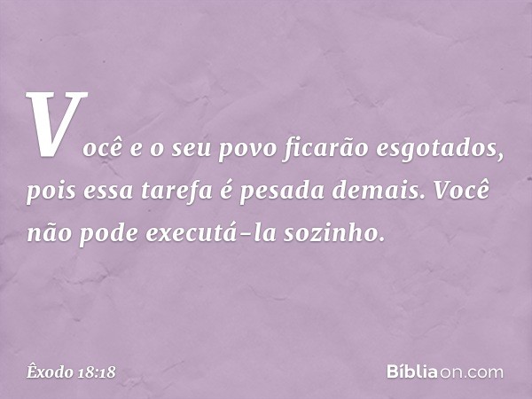 Você e o seu povo ficarão esgotados, pois essa tarefa é pesa­da demais. Você não pode executá-la sozinho. -- Êxodo 18:18