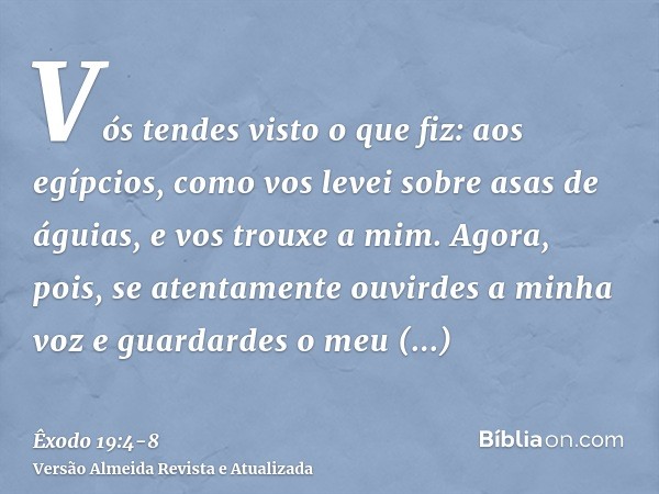 Vós tendes visto o que fiz: aos egípcios, como vos levei sobre asas de águias, e vos trouxe a mim.Agora, pois, se atentamente ouvirdes a minha voz e guardardes 