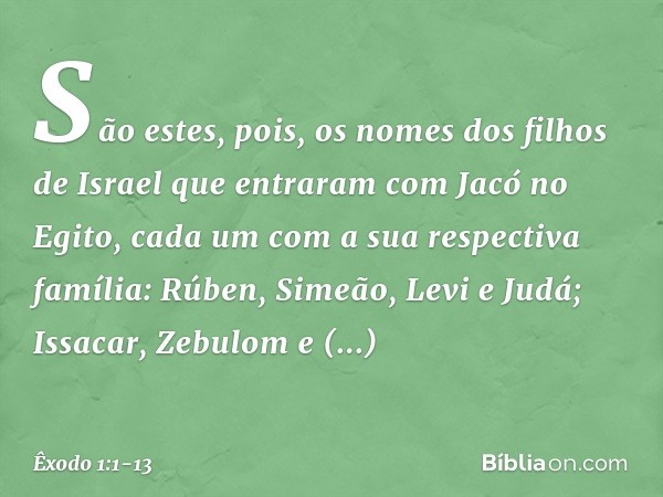 São estes, pois, os nomes dos filhos de Israel que entraram com Jacó no Egito, cada um com a sua respectiva família: Rúben, Si­meão, Levi e Judá; Issacar, Zebul