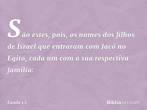 São estes, pois, os nomes dos filhos de Israel que entraram com Jacó no Egito, cada um com a sua respectiva família: -- Êxodo 1:1