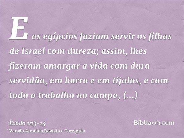 E os egípcios faziam servir os filhos de Israel com dureza;assim, lhes fizeram amargar a vida com dura servidão, em barro e em tijolos, e com todo o trabalho no