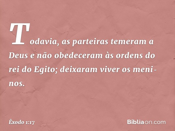 Todavia, as parteiras temeram a Deus e não obedeceram às ordens do rei do Egito; deixaram viver os meni­nos. -- Êxodo 1:17