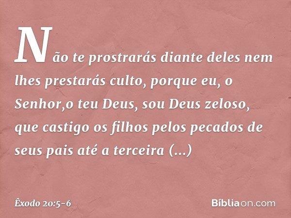 Não te prostrarás diante deles nem lhes prestarás culto, porque eu, o Senhor,o teu Deus, sou Deus zeloso, que castigo os filhos pelos pecados de seus pais até