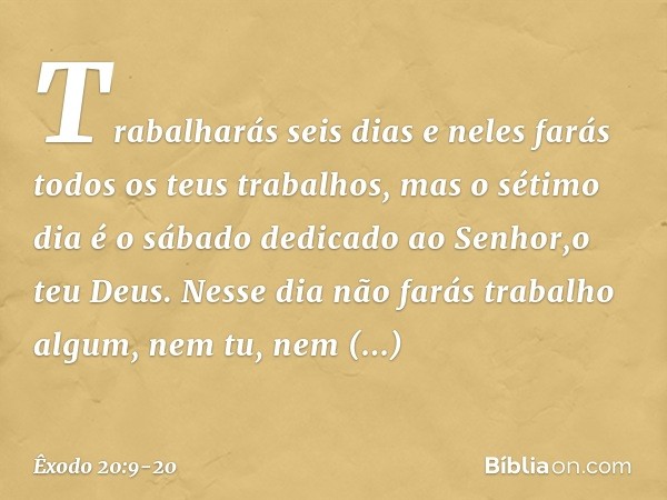 Trabalharás seis dias e neles farás todos os teus trabalhos, mas o sétimo dia é o sábado dedicado ao Senhor,o teu Deus. Nesse dia não farás trabalho algum, nem 