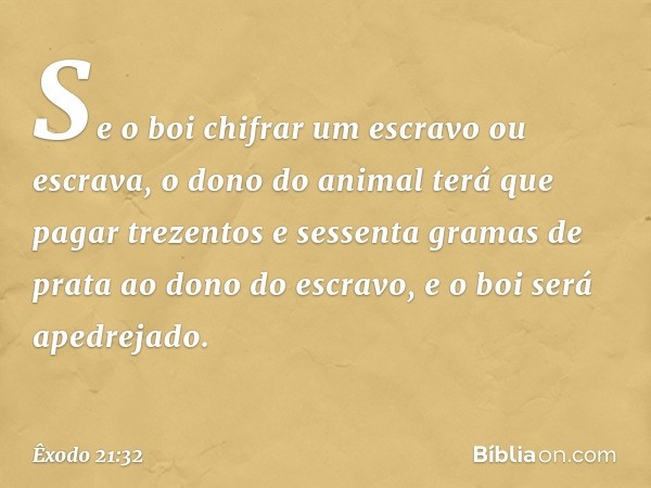 Se o boi chifrar um escravo ou escrava, o dono do animal terá que pagar tre­zentos e sessenta gramas de prata ao dono do escravo, e o boi será apedrejado. -- Êx