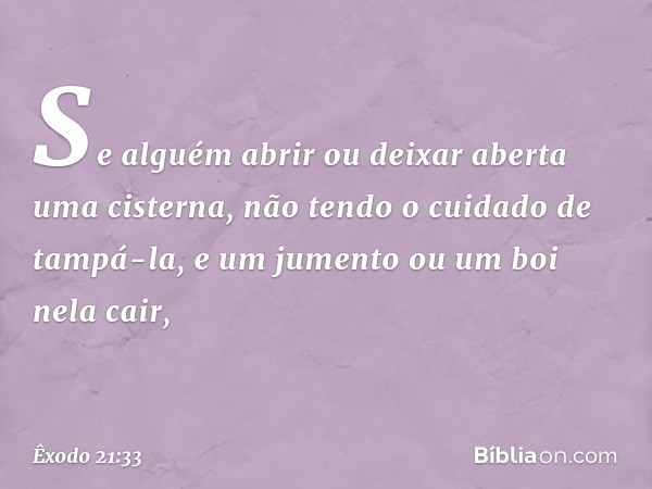 "Se alguém abrir ou deixar aberta uma cisterna, não tendo o cuidado de tampá-la, e um jumento ou um boi nela cair, -- Êxodo 21:33