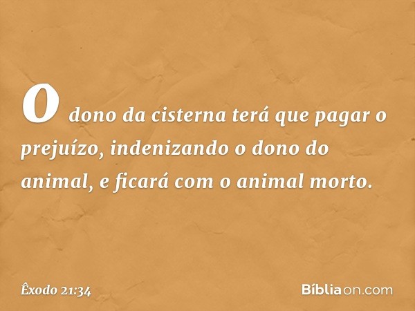 o dono da cister­na terá que pagar o prejuízo, indenizando o dono do animal, e ficará com o animal morto. -- Êxodo 21:34