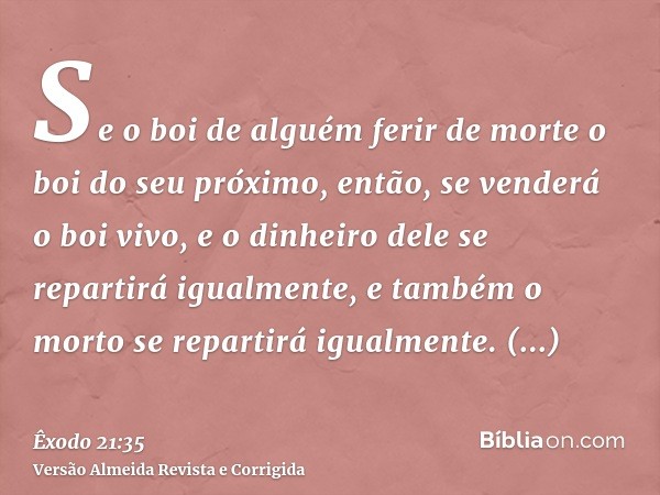 Se o boi de alguém ferir de morte o boi do seu próximo, então, se venderá o boi vivo, e o dinheiro dele se repartirá igualmente, e também o morto se repartirá i