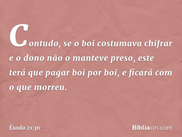 Contudo, se o boi costumava chifrar e o dono não o manteve preso, este terá que pagar boi por boi, e ficará com o que morreu. -- Êxodo 21:36