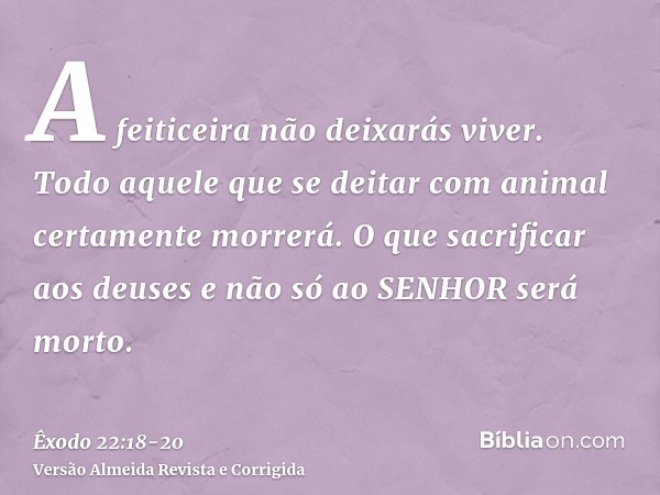 A feiticeira não deixarás viver.Todo aquele que se deitar com animal certamente morrerá.O que sacrificar aos deuses e não só ao SENHOR será morto.