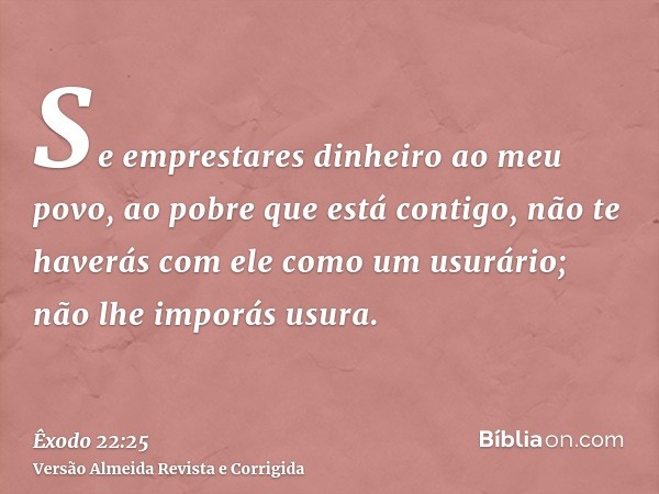 Se emprestares dinheiro ao meu povo, ao pobre que está contigo, não te haverás com ele como um usurário; não lhe imporás usura.