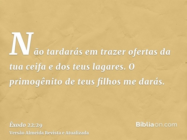 Não tardarás em trazer ofertas da tua ceifa e dos teus lagares. O primogênito de teus filhos me darás.