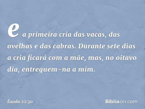 e­ a primeira cria das vacas, das ovelhas e das cabras. Durante sete dias a cria ficará com a mãe, mas, no oitavo dia, entreguem-na a mim. -- Êxodo 22:30