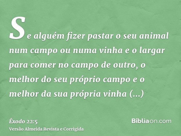 Se alguém fizer pastar o seu animal num campo ou numa vinha e o largar para comer no campo de outro, o melhor do seu próprio campo e o melhor da sua própria vin