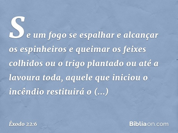 "Se um fogo se espalhar e alcançar os espinheiros e queimar os feixes colhidos ou o trigo plantado ou até a lavoura toda, aquele que iniciou o incêndio restitui