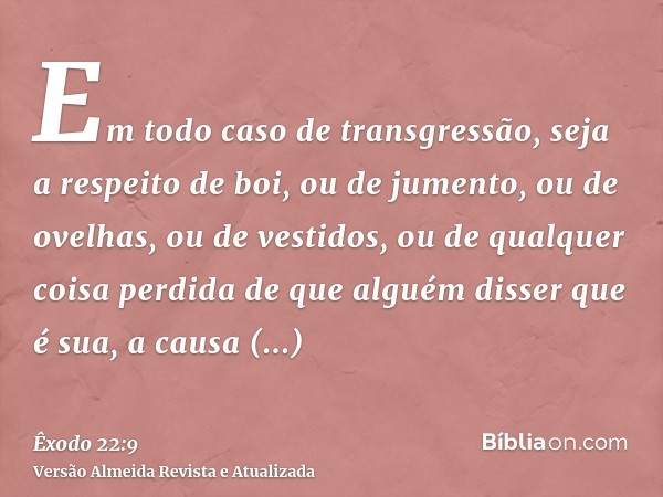 Em todo caso de transgressão, seja a respeito de boi, ou de jumento, ou de ovelhas, ou de vestidos, ou de qualquer coisa perdida de que alguém disser que é sua,