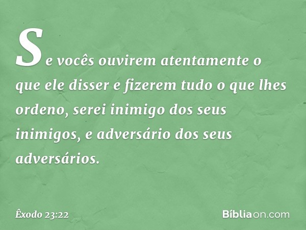 Se vocês ouvirem atentamente o que ele disser e fizerem tudo o que lhes ordeno, serei inimigo dos seus inimigos, e adversário dos seus adversários. -- Êxodo 23: