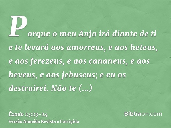 Porque o meu Anjo irá diante de ti e te levará aos amorreus, e aos heteus, e aos ferezeus, e aos cananeus, e aos heveus, e aos jebuseus; e eu os destruirei.Não