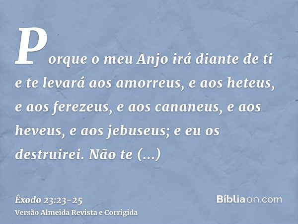 Porque o meu Anjo irá diante de ti e te levará aos amorreus, e aos heteus, e aos ferezeus, e aos cananeus, e aos heveus, e aos jebuseus; e eu os destruirei.Não 