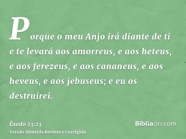 Porque o meu Anjo irá diante de ti e te levará aos amorreus, e aos heteus, e aos ferezeus, e aos cananeus, e aos heveus, e aos jebuseus; e eu os destruirei.