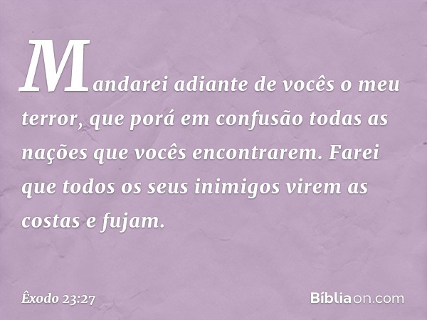 "Mandarei adiante de vocês o meu terror, que porá em confusão todas as nações que vocês encontrarem. Farei que todos os seus inimigos virem as costas e fujam. -