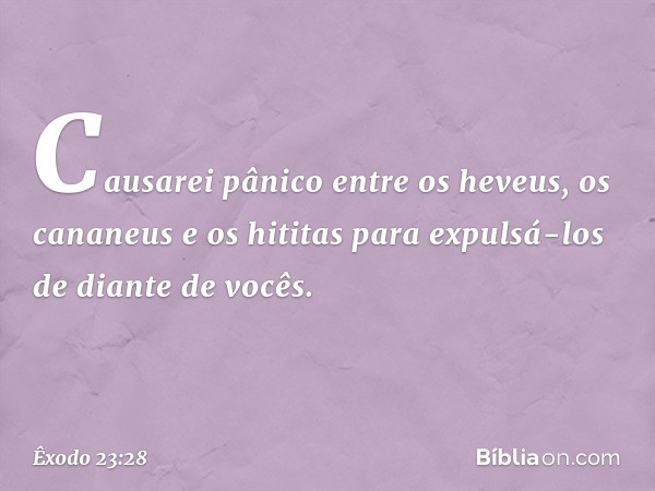 Causarei pânico entre os heveus, os cananeus e os hititas para expulsá-los de diante de vocês. -- Êxodo 23:28