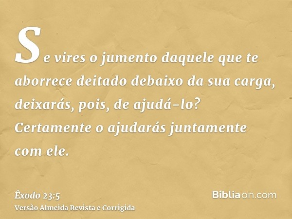 Se vires o jumento daquele que te aborrece deitado debaixo da sua carga, deixarás, pois, de ajudá-lo? Certamente o ajudarás juntamente com ele.