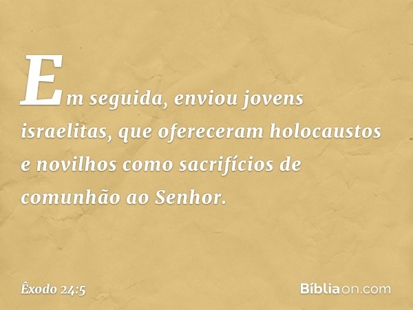 Em seguida, enviou jovens israelitas, que ofereceram holocaustos e novi­lhos como sacrifícios de comunhão ao Senhor. -- Êxodo 24:5