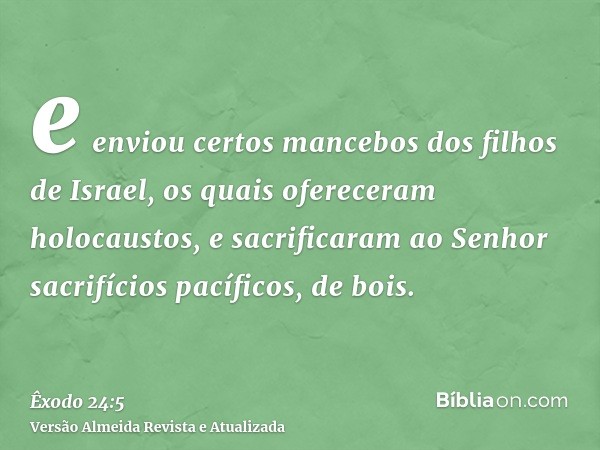 e enviou certos mancebos dos filhos de Israel, os quais ofereceram holocaustos, e sacrificaram ao Senhor sacrifícios pacíficos, de bois.