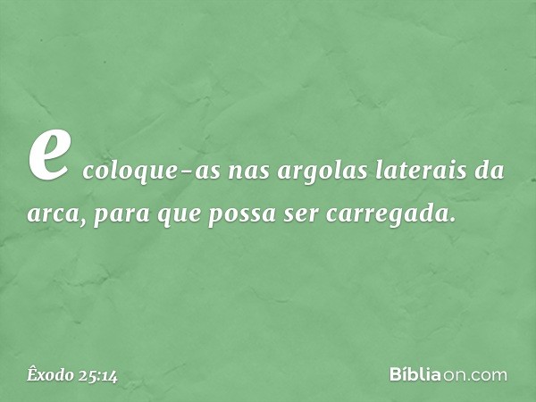 e coloque-as nas argolas laterais da arca, para que possa ser carregada. -- Êxodo 25:14