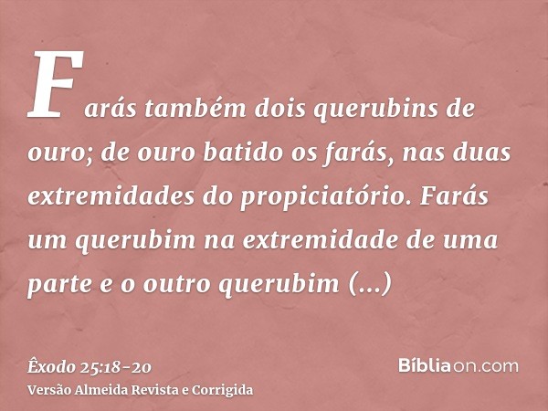 Farás também dois querubins de ouro; de ouro batido os farás, nas duas extremidades do propiciatório.Farás um querubim na extremidade de uma parte e o outro que