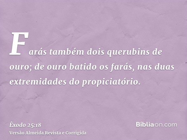 Farás também dois querubins de ouro; de ouro batido os farás, nas duas extremidades do propiciatório.