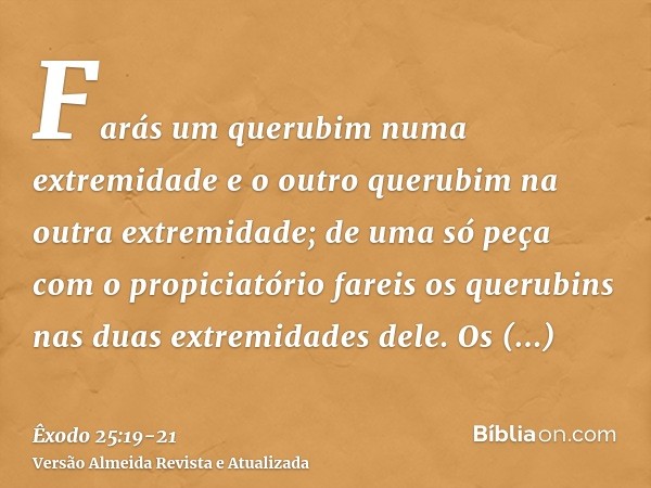Farás um querubim numa extremidade e o outro querubim na outra extremidade; de uma só peça com o propiciatório fareis os querubins nas duas extremidades dele.Os