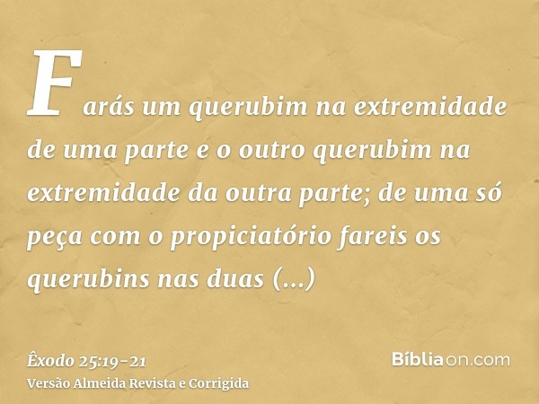Farás um querubim na extremidade de uma parte e o outro querubim na extremidade da outra parte; de uma só peça com o propiciatório fareis os querubins nas duas