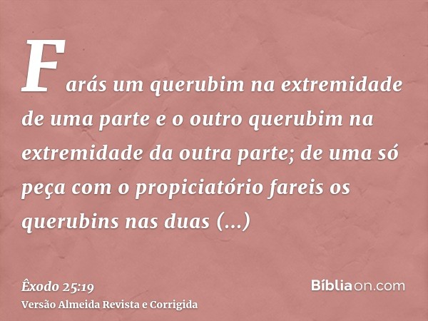 Farás um querubim na extremidade de uma parte e o outro querubim na extremidade da outra parte; de uma só peça com o propiciatório fareis os querubins nas duas 
