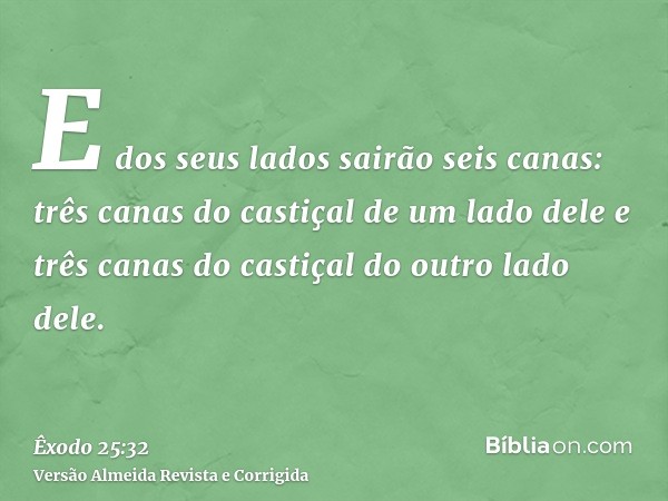 E dos seus lados sairão seis canas: três canas do castiçal de um lado dele e três canas do castiçal do outro lado dele.