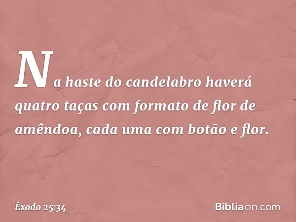 Na haste do candelabro haverá quatro taças com formato de flor de amên­doa, cada uma com botão e flor. -- Êxodo 25:34