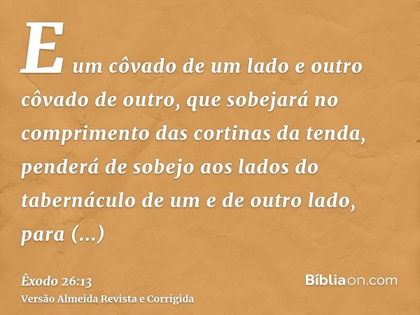 E um côvado de um lado e outro côvado de outro, que sobejará no comprimento das cortinas da tenda, penderá de sobejo aos lados do tabernáculo de um e de outro l