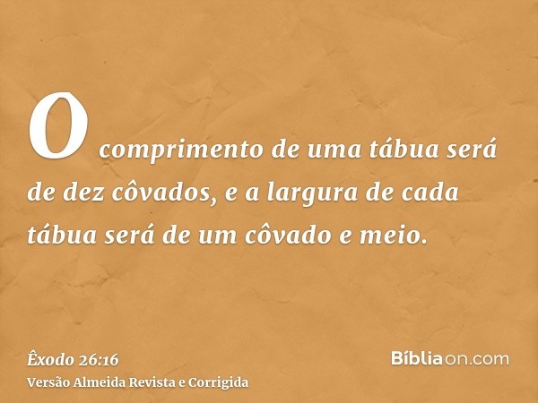 O comprimento de uma tábua será de dez côvados, e a largura de cada tábua será de um côvado e meio.