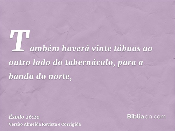 Também haverá vinte tábuas ao outro lado do tabernáculo, para a banda do norte,