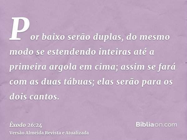 Por baixo serão duplas, do mesmo modo se estendendo inteiras até a primeira argola em cima; assim se fará com as duas tábuas; elas serão para os dois cantos.