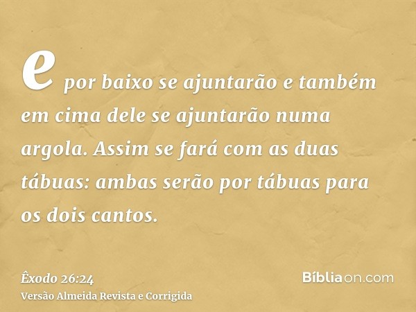 e por baixo se ajuntarão e também em cima dele se ajuntarão numa argola. Assim se fará com as duas tábuas: ambas serão por tábuas para os dois cantos.