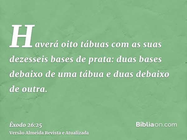 Haverá oito tábuas com as suas dezesseis bases de prata: duas bases debaixo de uma tábua e duas debaixo de outra.